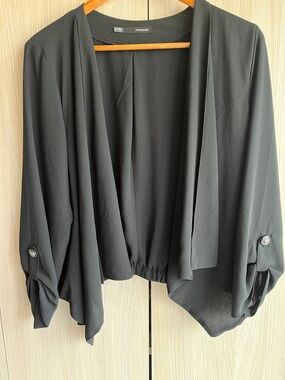 Maurices Black Draped Open-Front Cardigan with Roll-Tab Sleeves